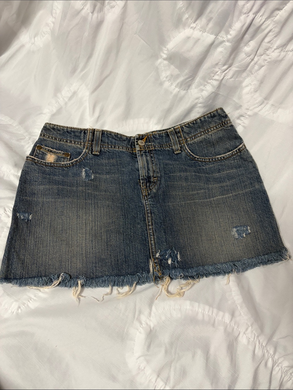 BKE Blue Distressed Denim Mini Skirt with Frayed Hem